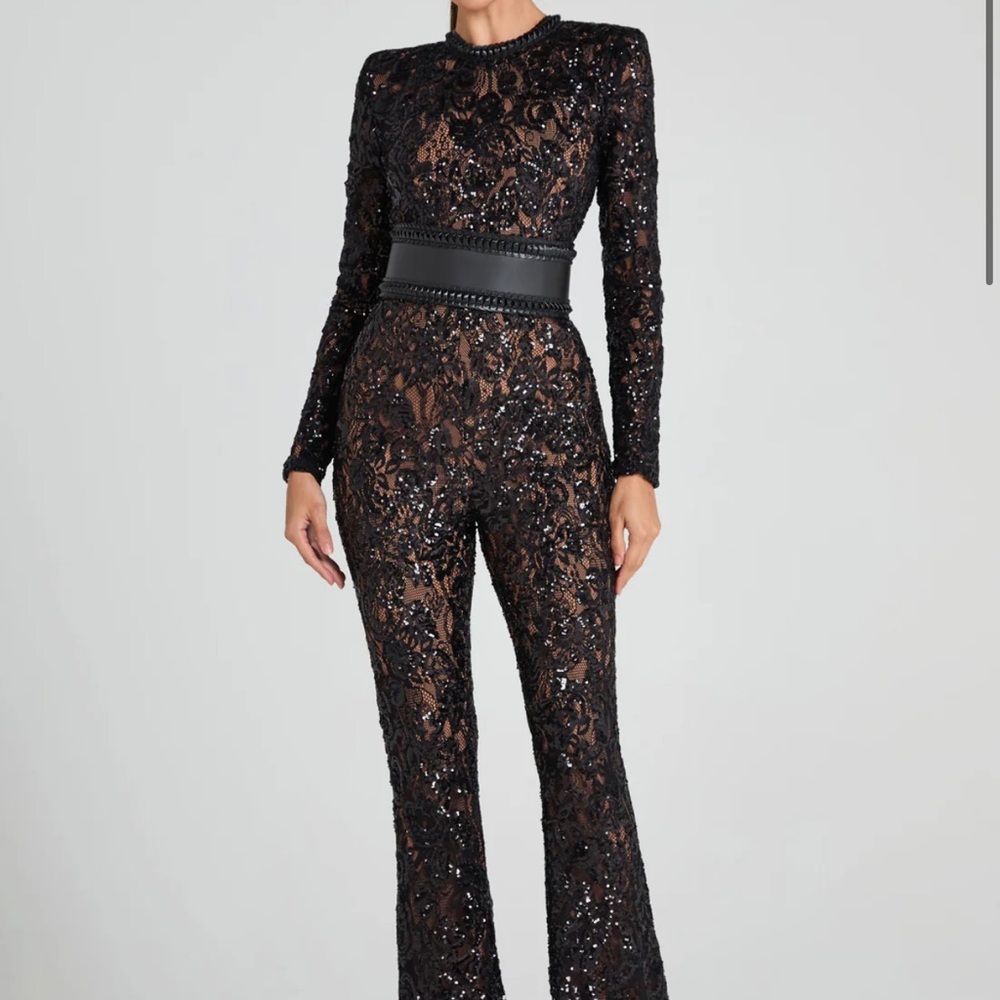 NADINE MERABI Black Sequin Lace Jumpsuit